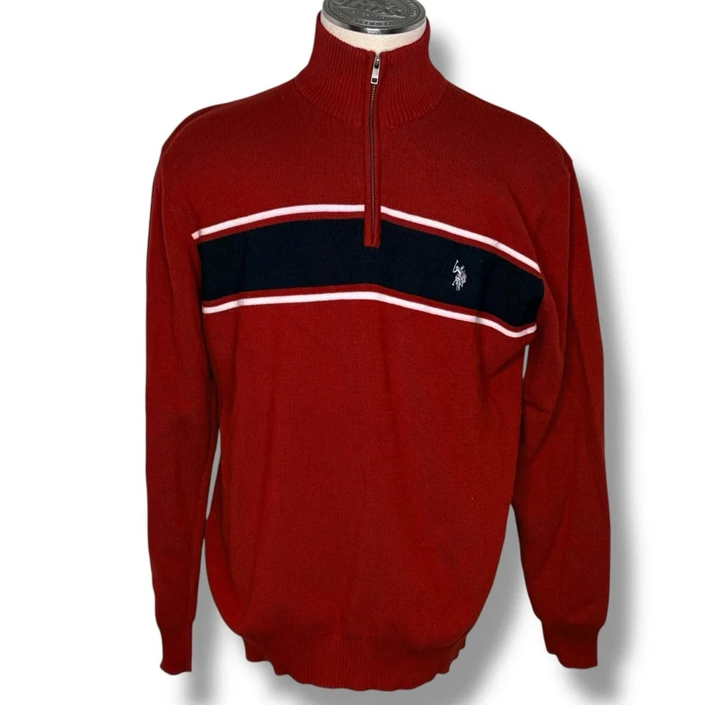 US‎ Polo Assn Men's Sweater Size XL Long Sleeve 1/4 Zip Red White Blue Preppy - Picture 3 of 7